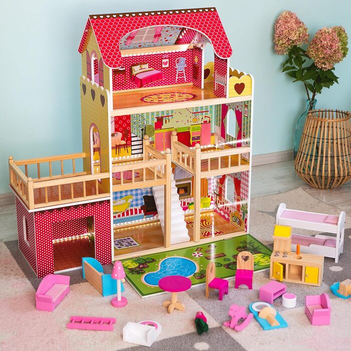 Дерев&39яний ляльковий будиночок Kinderplay Велика 3-поверхова вілла з гаражем та садом Світлодіодне освітлення, 17 предметів меблів Для дітей від 3 років, Ляльки до 30 см 90 см заввишки, Рожевий