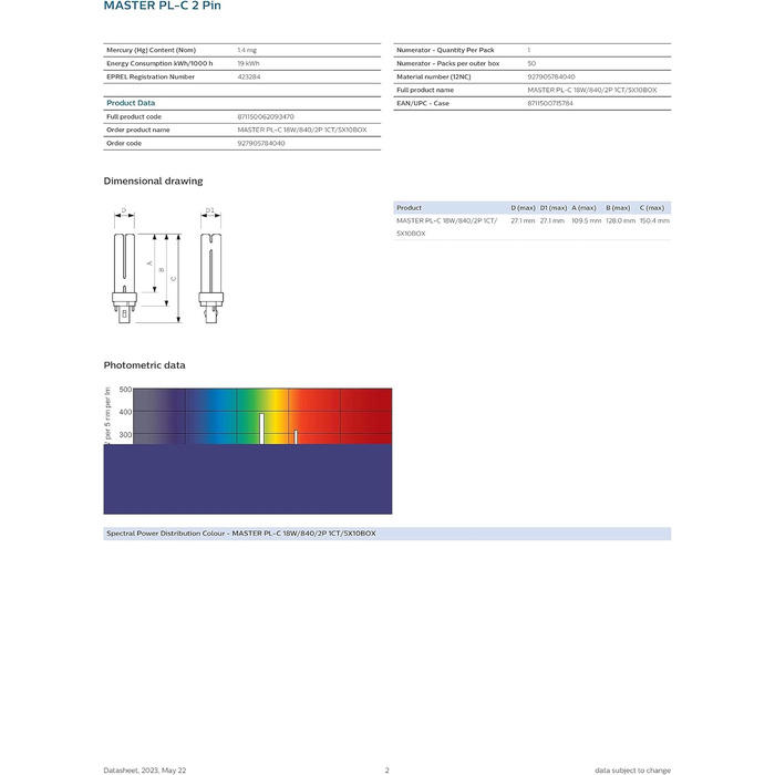 Енергозберігаюча лампа 150 мм, 10 шт., Philips MASTER PL-C 18W/840 G24d-2 2PIN (2-pin) Cold White 4000K