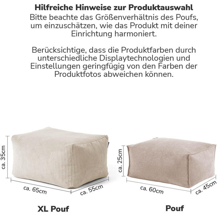 Пуф або табурет мокебо з вельветовим чохлом The Calm One, табурет або пуф для сидіння з наповнювачем з EPS-бісеру, також як пуф для ніг з вельвету або журнальний столик для вітальні розміром 65x55x35 см (Ш/Г/В) бежевого кольору, квадратний, вельветова тка