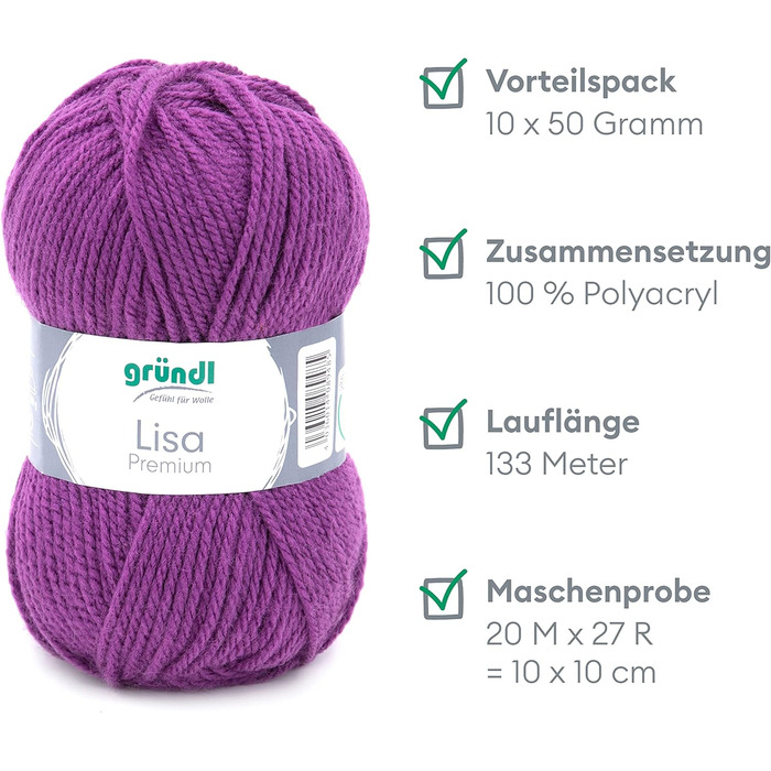 Пряжа Grndl Lisa Premium Uni Knitting & Chet Yarn (м'яка і вовняна характер, проста в догляді миється трикотажна пряжа з 100 поліакрилу, 50 г/ 133 м, розмір голки 3,5 - 4,5, 10 клубків по 50 г кожен), (фіолетовий)