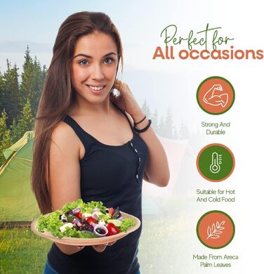 Зелені миски FOOGO з пальмового листя 1000 мл, Ø 20 см, 50 шт. Міцні одноразові миски з пальмового листя Компостований та біорозкладний посуд Одноразовий посуд для вечірок та пікніків 50 1000 мл Великі (20 см)