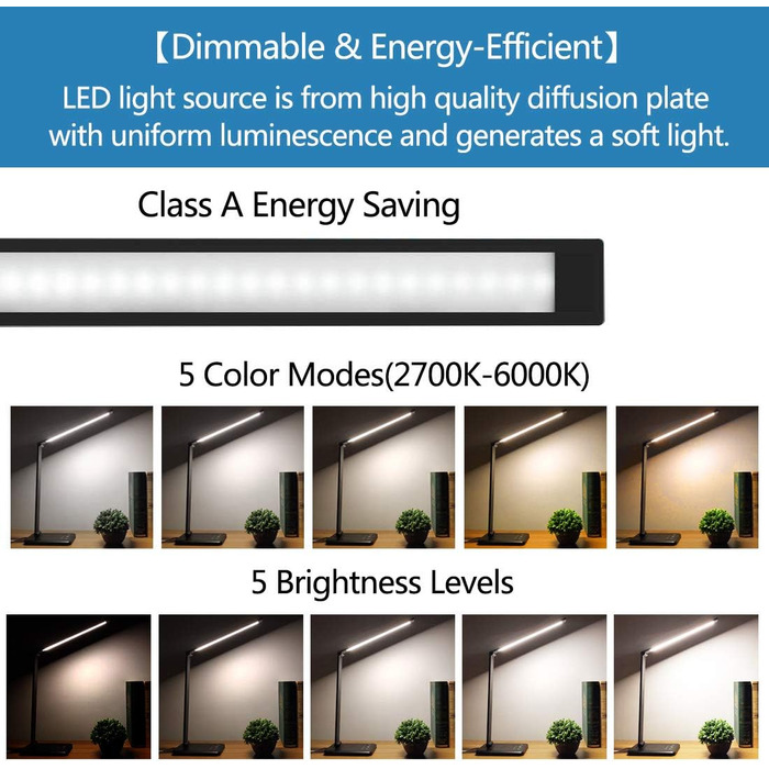 Багатофункціональна світлодіодна настільна лампа, сенсорна настільна лампа з регулюванням яскравості, складний світильник, що піклується про очі, 5 режимів освітлення та 5 рівнів яскравості, таймер вимкнення лампи денного світла та порт для зарядки USB
