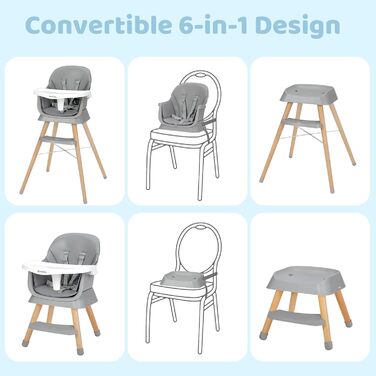 Стільчик для годування Ezebaby дитячий 6 в 1 бустерний стільчик, багатофункціональний стільчик для годування, дерев'яні ніжки, з 5