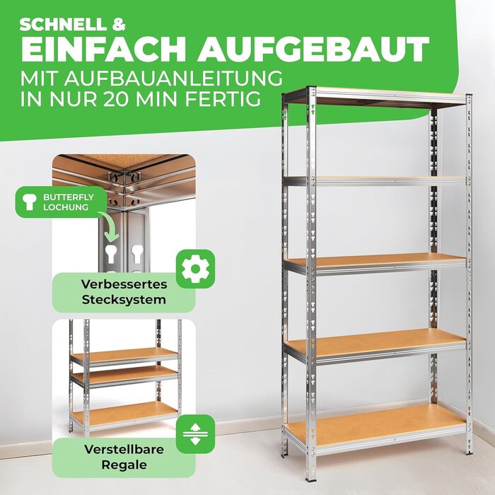 Комплект із 2 металевих стелажів Thomas, стелажі для зберігання 90x40x180 (В) см, підвальні стелажі, вантажопідйомність до 875 кг, сріблястий колір, з 5 полицями, вантажопідйомність кожна 175 кг, регульована висота, надміцні стелажі (легкий монтаж) 1 Easy