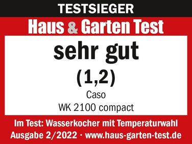 Чайник компактного дизайну CASO WK 2100, потужний 2200 Вт, компактний розмір ємністю 1,2 літра, крок 10 C від 10 - 100 C, знімний фільтр проти накипу для очищення, 1869
