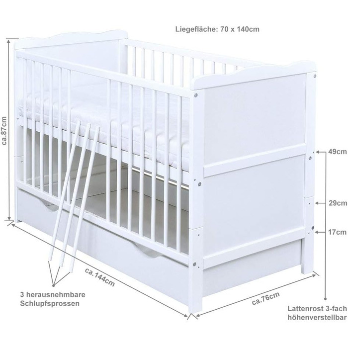 Комплект дитячого ліжка Generic Baby Deluxe, що трансформується в дитяче ліжко, 140x70 см, білий, з шухлядою, матрацом, багатопредметний комплект постільної білизни, Jack (Dreamland Beige)