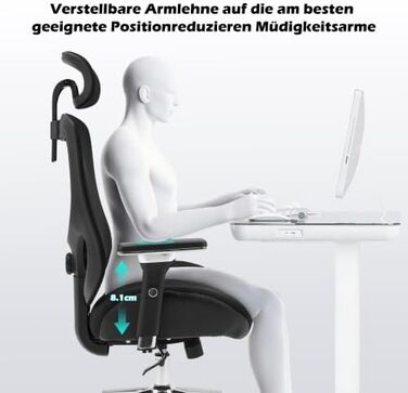 Ергономічне офісне крісло для високих людей (230 кг) Регульоване по висоті сітчасте обертове крісло з 4D підлокітниками, опорою для голови та попереку, для домашнього офісу та офісу, чорне