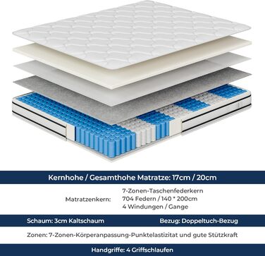 Матрац Vesgantti H4, висота 20 см, ортопедичний, 7-зонний, пружинний блок кишенькової форми, сертифікований Oeko-Tex, середньої жорсткості, пружинний блок кишенькової форми, матрац з холодної піни H4, щільний верх 20 см, 140 x 200 см