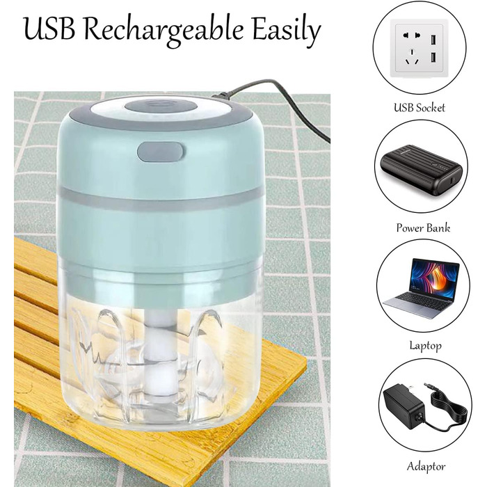 Універсальний подрібнювач Mini Electric Knob Crusher з 2 чашками, подрібнювач Multi-Chopper 250 мл і 100 мл також для м'яса, перцю чилі, фруктів - заряджається USB (синій)
