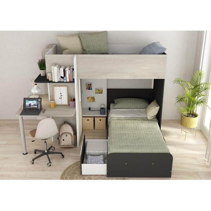 Двох'ярусне ліжко Bleki для двох дітей з письмовим столом і шафою в вінтажному білому та антрацитовому кольорах