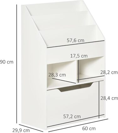Дитяча книжкова полиця HOMCOM, Дитяча полиця з шухлядою, 3 полиці та 2 відкриті відділення, Полиця для зберігання для дитячої кімнати, Ігрової кімнати, Біла, 60 x 29,9 x 90 см