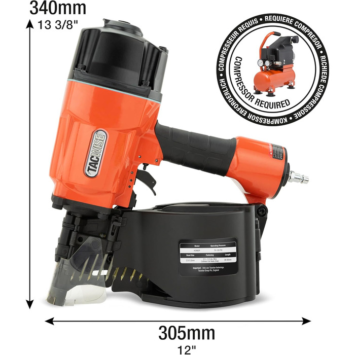 Пневматичний котушковий цвяхозабивач Tacwise HCN83P, використовує плоскі котушкові цвяхи, 38 - 83 мм