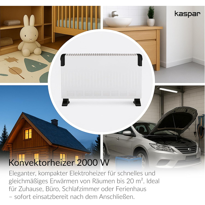 Конвекторний радіатор KASPAR з термостатом та 3 режимами нагріву, електричний обігрівач потужністю 750/1250/2000 Вт, білий
