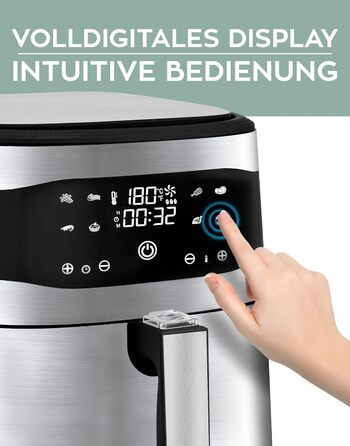 Фритюрниця HEINRICHS з нержавіючої сталі з цифровим світлодіодним дисплеєм РК-дисплей сенсорний, 8 програм 1800 Вт для фритюрниці без олії Фритюрниця Функція таймера фритюрниці, Heinrich (8 л XXL)