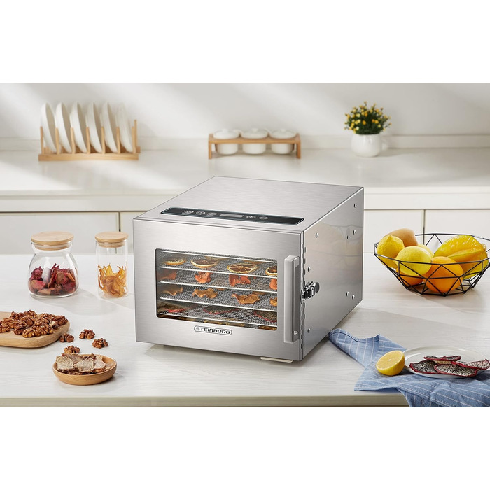 Дегідратор з нержавіючої сталі з регулятором температури (30-90C) Таймер на 24 години Drrer Дегідратор Сушарки для фруктів Дегідратор для фруктів і м'яса Система циркуляції повітря на 360 Цифровий дисплей 6 поверхів