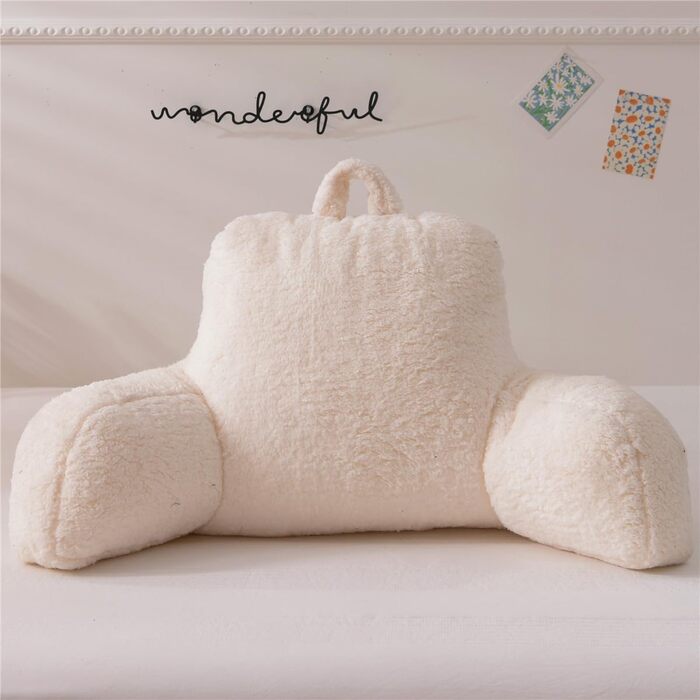 Подушка для читання NTBED Sherpa для ліжка, спинка з підлокітниками, подушка для дитячого та дорослого ліжка, підтримка спини для сидіння в ліжку, подушка для крісла (біла, велика) кольору слонової кістки, велика