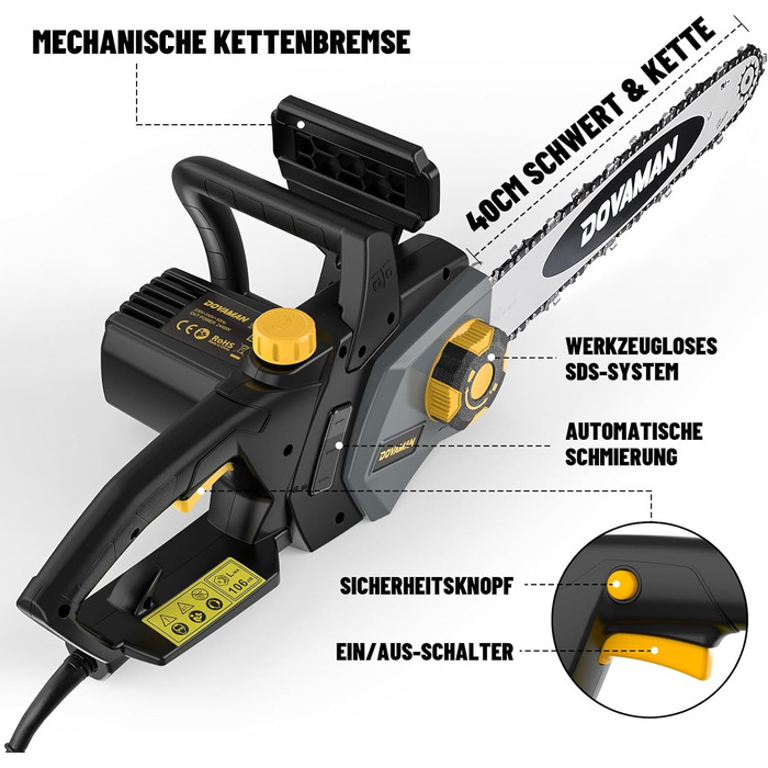 Електрична ланцюгова пила DOVAMAN 2400 Вт, з системою автоматичного натягу SDS, 40-сантиметровою шиною та ланцюгом Oregon, швидкістю ланцюга 15 м/с, автоматичним мастилом, механічним гальмом та 2 ланцюгами - DCS01A A-жовтий