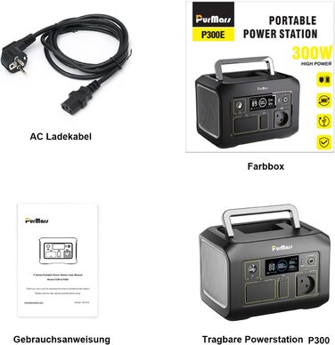 Портативна сонячна електростанція потужністю 300 Вт (макс. 500 Вт) з вихідною напругою 230 В чистої синусоїди змінного струму та акумулятором LiFePO4, підходить для кемпінгу на свіжому повітрі, подорожей та надзвичайних ситуацій. P300E