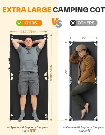 Розкладне ліжечко Sportneer 199 x 73 см, складне кемпінгове ліжко, складне гостьове ліжко для кемпінгу, походів, подорожей на природі, пляжу, саду на свіжому повітрі, використання в приміщенні, чорне