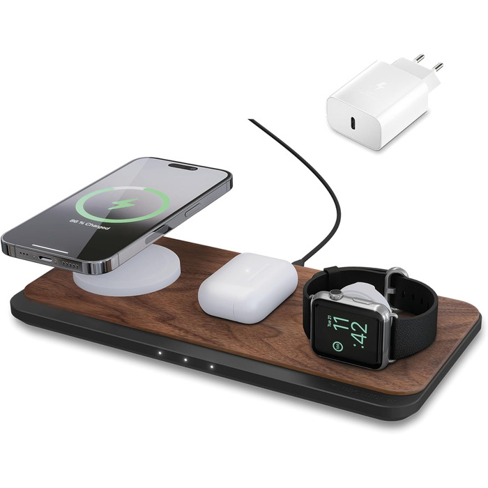 Зарядна станція 3 в 1 Wood Magsafe Charger Індуктивна зарядна станція для iPhone, Apple Watch, Air Pods з адаптером живлення 45W W