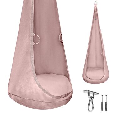 Підвісне крісло для приміщень з мякою подушкою, елегантне підвісне сидіння з ручками, преміальний оксамит, міцна конструкція з підвісним елементом, рожевий