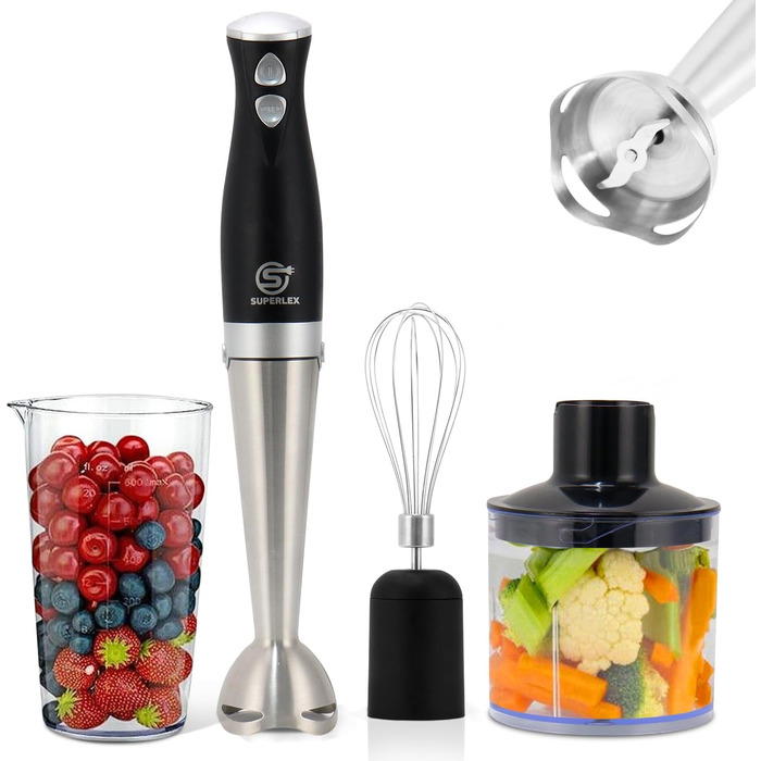 Набір електричних ручних блендерів SUPERLEX 4-в-1 з віночком, подрібнювачем, блендером і мірною чашкою, 2 рівні швидкості Turbo Button блендер 700 Вт, блендер з нержавіючої сталі, для дитячого харчування, супу, пюре 4-в-1 Набір чорний