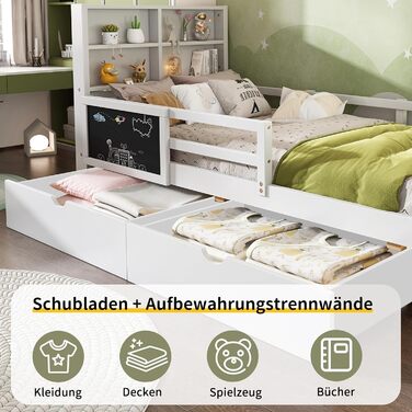 Дитяче ліжко 90x200, дерев&39яне ліжко з шухлядами та дошкою для малювання, узголів&39я з книжковою полицею та поручнями, ліжко з рейковою основою та місцем для зберігання речей, дитяче ліжко, функціональне ліжко, дерев&39яний каркас ліжка, без матраца, б