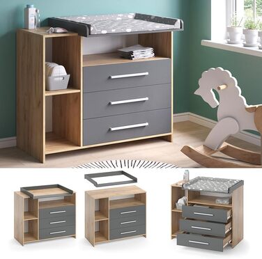 Пеленальний блок Vicco Oskar, золотий дуб/антрацит, 113 x 100 см золотий дуб 53D x 113W x 100H см (3 шухляди)