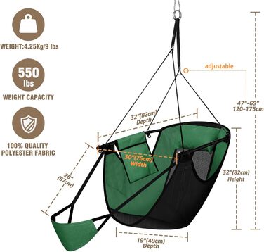 Підвісне крісло Chihee з підставкою для ніг, гамак-крісло з металевим каркасом U-подібної форми, міцне крісло-гойдалка Teslin з тканини Оксфорд з боковими кишенями, підголівник, карабін, міцна опора та повітропроникність, зелений