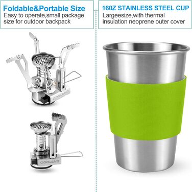 Набір посуду для кемпінгу Odoland, 10-предметний набір посуду для кемпінгу, алюмінієві кемпінгові горщики, чашки, складні столові прибори, міні-кемпінгова плита для пікніків та походів на свіжому повітрі, для 1 особи (A)