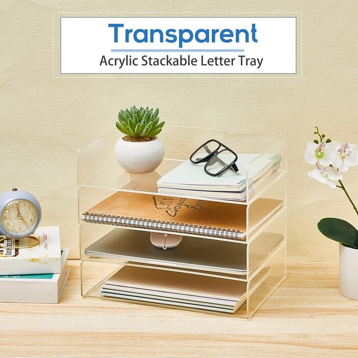 Акриловий лоток для паперу Harloon з 4 ярусами, що штабелюється, лоток для листів, прозорі полиці для організації, не потребує робочого місця, місце для зберігання на столі (31,1 x 21,5 x 6,6 см) 12,4 x 8,74 x 2,68 дюйма