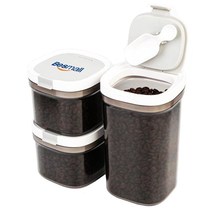 Герметичні контейнери для зберігання з кришками, контейнери типу шейкера з ложками, контейнери для зберігання сухих продуктів, кухонне приладдя, таке як крупи, борошно, кава, кавові зерна, та кавові коробки для дорослих, набір з 3 предметів (3 шт.) 1 x 18
