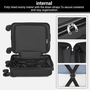 Компактний ручний багаж KONO з від'ємними колесами, 40x30x20 см (без коліс). Легкий борт-валіза з ABSPC для Ryanair, EasyJet & Eurowings (Чорний) 40x30x20 см - Ryanair Чорний