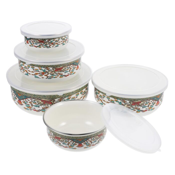 Набір емальованих мисок Amosfun з 5 предметів, багатоцільові миски з кришками для локшини швидкого приготування, салату, супу, мисок для змішування, мисок для зберігання продуктів з гладкою поверхнею для домашнього використання, 18,60 x 18,60 x 7,50 см