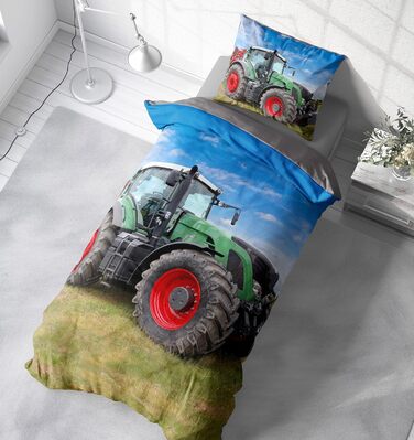 Постільна білизна для однієї людини 135x200 см, трактор, сільськогосподарська техніка, зелений сірий, двостороння мікрофібра