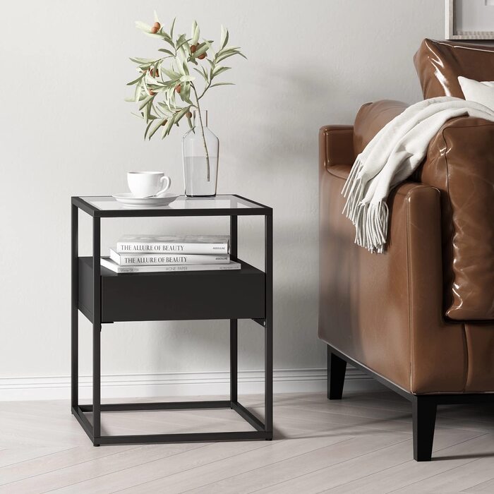 Журнальний столик Vissenbjerg, тумбочка з 1 шухлядою, стіл для вітальні, 51 x 40 x 40 см, столик для дивана, стільниця із загартованого скла, квадратний металевий каркас, чорний, матовий