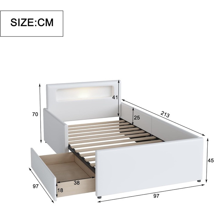Молодіжне ліжко Dolaman Modern 90x200 см м'яке ліжко з основою, ліжко з рейковою рамою та місцем для зберігання, м'яке узголів'я з