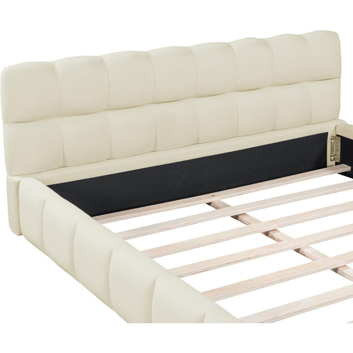 Ліжко з м&39якою оббивкою Bubble 140x200, двоспальне ліжко з м&39якою оббивкою 140x200 бежеве, дитяче ліжко, плоске ліжко для гостей, каркас ліжка з рейковою основою та узголів&39ям, лляне, без матраца (бежевий, 140x200 см) бежевий 140x200 см