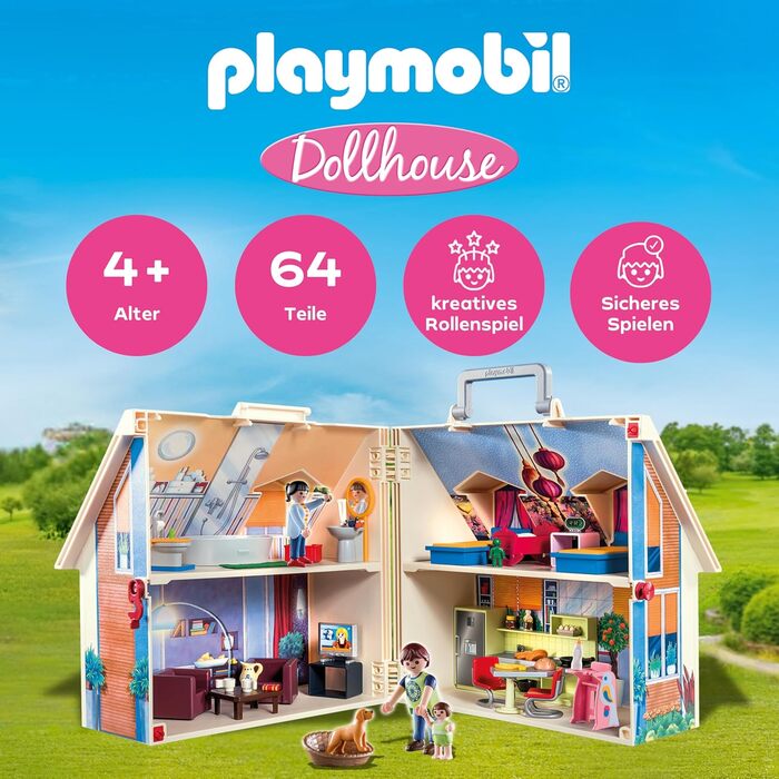 Ляльковий будиночок Іграшка для дітей віком від 4 років Ляльковий будиночок з ручкою, який можна взяти з собою 70985