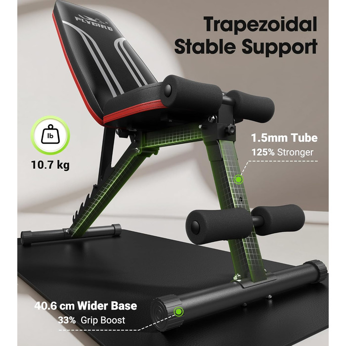 Багатофункціональна силова лава FLYBIRD, регульована спинка у 8 положеннях/регульована підставка для ніг у 3 положеннях, вантажопідйомність 300318 кг, складна тренувальна лава з нахилом 90 для домашнього спортзалу, чорно-червона