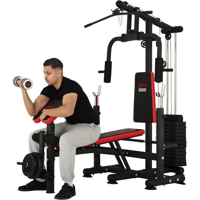 Універсальна силова станція Hansson Sports, багатофункціональна силова лава зі стійкою для штанги, тяга лати, розгинання ніг &quotметелик&quot, згинання ніг, вага 65 кг, складна A Силова лава
