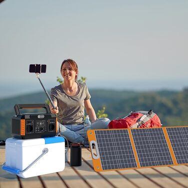 Портативна електростанція FLASHFISH 520 Втгод із сонячною панеллю 100 Вт, сонячний генератор з 2 розетками 230 В/560 Вт (піксельна напруга 1100 Вт), 5 виходами постійного струму та 4 виходами USB, аварійний генератор з акумулятором для кемпінгу, вечірок, 