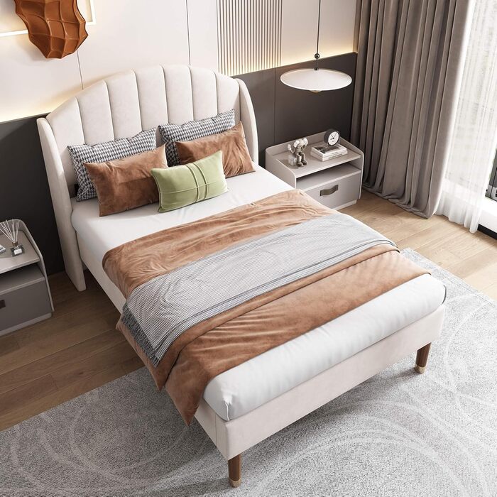 Односпальне ліжко HYUB з м&39якою поверхнею 90x200 см з рейковою основою та каркасом, ліжко з місцем для зберігання речей, дитяче ліжко з узголів&39ям, дерев&39яна рейкова опора, оксамитове континентальне ліжко, місце для зберігання речей під ліжком, без 