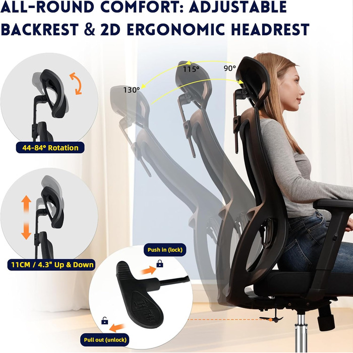 Ергономічне офісне крісло, стілець для роботи з регульованим підголівником, підлокітниками та поперековою опорою, обертове крісло з сітки, крісло для керівника з регульованою висотою, комп&39ютерне крісло з функцією гойдання, вантажопідйомність 150 кг