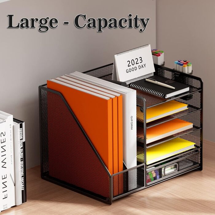 Настільний органайзер з тримачами для файлів, 5-рівневий органайзер для паперів з шухлядою та 2 тримачами для ручок, сітчастий настільний органайзер для файлів з тримачем для журналів для офісу, 5-рівневий настільний органайзер, чорний, з шухлядою та 2 тр