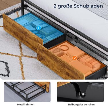 Ліжко 140x200 з металевою рейковою основою, каркас ліжка 140x200 см зі світлодіодним освітленням та зарядною станцією (2 розетки змінного струму та 2 порти USB), дитяче ліжко, двоспальне ліжко з 2 великими шухлядами, сірий колір, 140x200 см