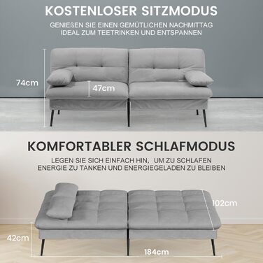Диван-ліжко COMHOMA з функцією сну розкладний футон кутовий диван 3-місний гостьовий диван з регульованою спинкою із сірої тканини