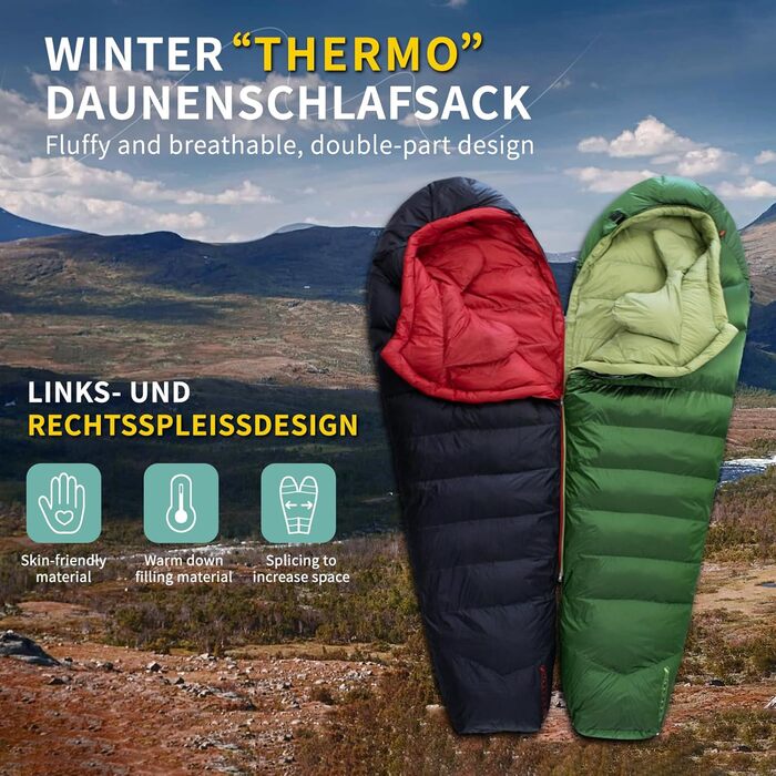 Пуховий спальний мішок для зими Ультралегкий, портативний та компактний зимовий спальний мішок для активного відпочинку, підходить для дорослих та дітей, кемпінгу, походів. Зелений 5