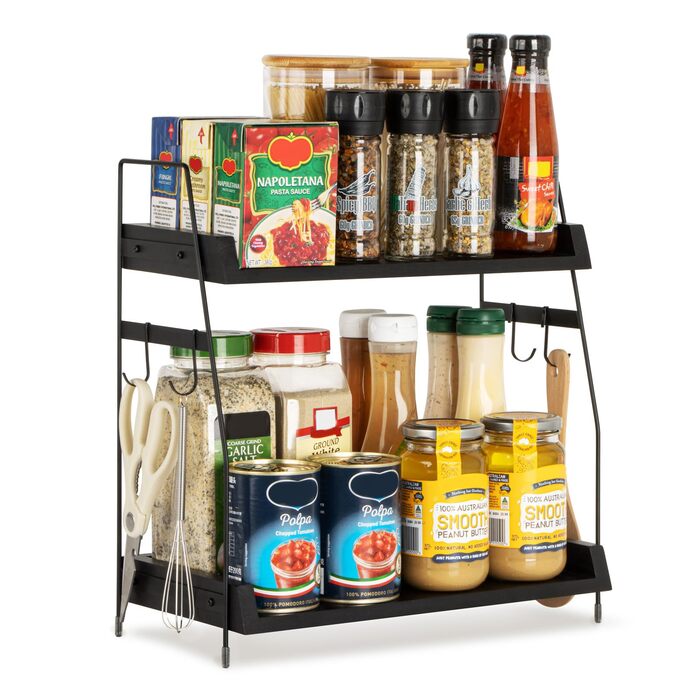 Кухонна полиця PUERSI, 2-рівневий органайзер для кави, дерев&39яний органайзер з гачками, кухонна полиця, підставка для спецій, органайзер для кухонних шаф - чорний