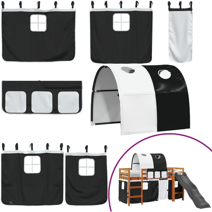 Ліжка та аксесуари, Ліжка та каркаси ліжок, Дитяче ліжко-горище з тунелем, біло-чорне, 80 х 200 см, масив сосни